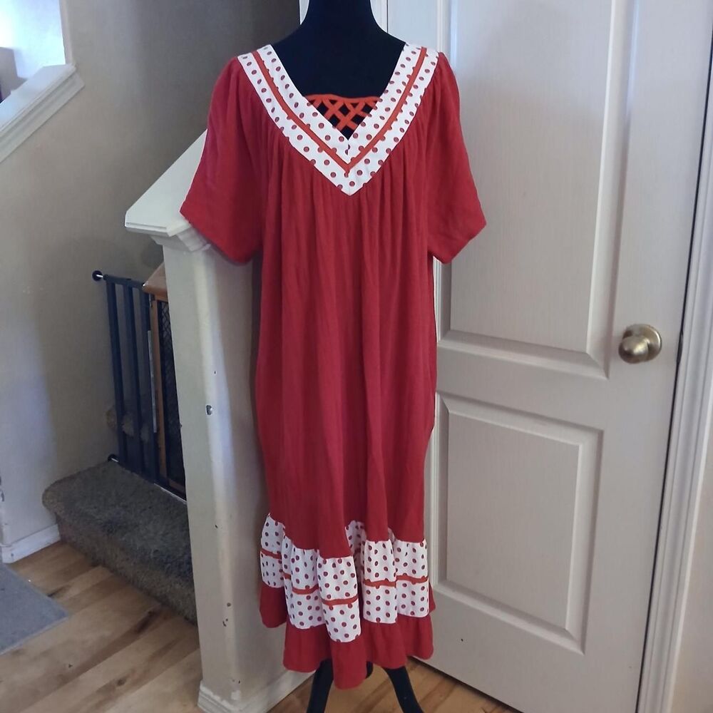 Vintage Anthony Richards Red Cotton Gauze Nightgown Polka Dot Trim 3X Retro